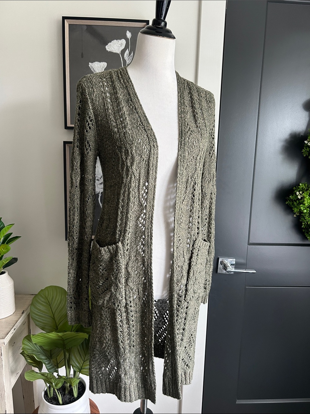 Olive Green XS Open-Knit Long Cardigan with Pockets